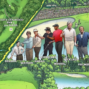 Peut inclure: Une carte illustr&eacute;e d'un parcours de golf avec les noms de golfeurs c&eacute;l&egrave;bres, dont Tiger Woods, Jack Nicklaus, Arnold Palmer et Gary Player. La carte indique les noms des trous et le m&eacute;trage de chaque trou.