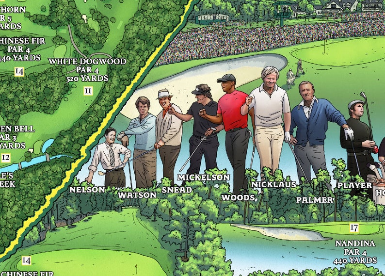 Peut inclure: Une carte illustr&eacute;e d'un parcours de golf avec les noms de golfeurs c&eacute;l&egrave;bres, dont Tiger Woods, Jack Nicklaus, Arnold Palmer et Gary Player. La carte indique les noms des trous et le m&eacute;trage de chaque trou.