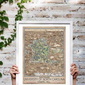 May include: A vintage-style map of the University of North Carolina at Chapel Hill, printed on a beige background with brown and blue details. The map shows the layout of the campus, including buildings, roads, and green spaces. The text "University of North Carolina Chapel Hill" is printed at the bottom of the map.