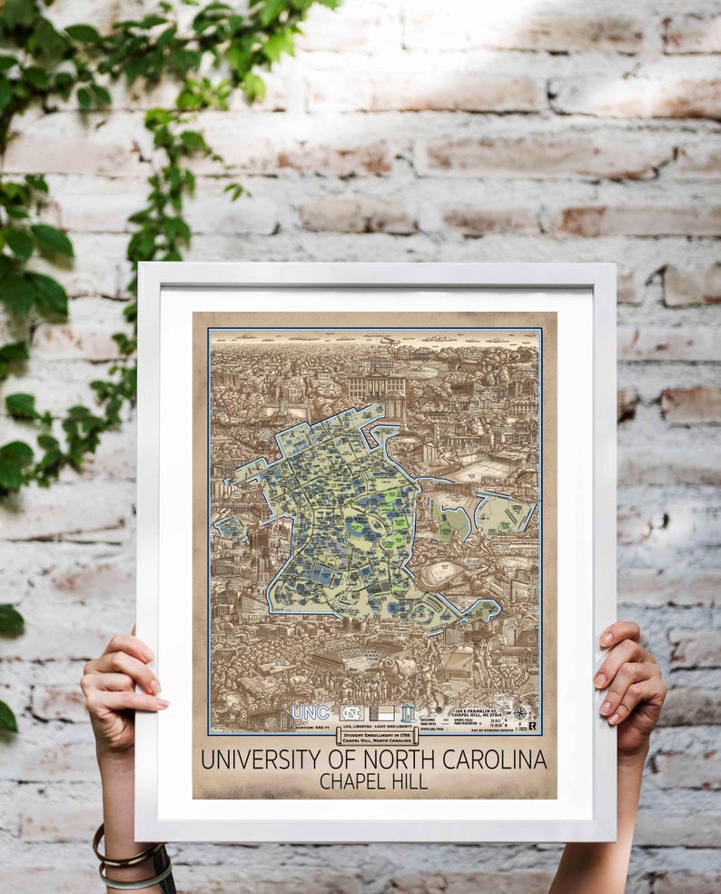 May include: A vintage-style map of the University of North Carolina at Chapel Hill, printed on a beige background with brown and blue details. The map shows the layout of the campus, including buildings, roads, and green spaces. The text "University of North Carolina Chapel Hill" is printed at the bottom of the map.