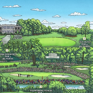 Peut inclure: Un terrain de golf vert avec un b&acirc;timent blanc en arri&egrave;re-plan. Le terrain est entour&eacute; d'arbres et des gens regardent le jeu. L'image comprend du texte qui dit "TEA OLIVE PAR 4 445 YARDS", "PINK DOGWOOD PAR 5 585 YARDS", et "FLOWERING PEACH PAR 4".