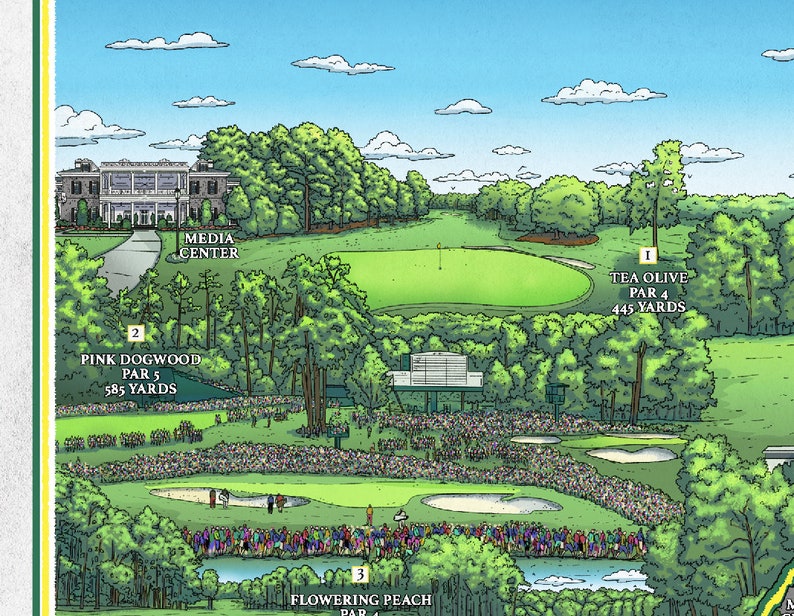Peut inclure: Un terrain de golf vert avec un b&acirc;timent blanc en arri&egrave;re-plan. Le terrain est entour&eacute; d'arbres et des gens regardent le jeu. L'image comprend du texte qui dit "TEA OLIVE PAR 4 445 YARDS", "PINK DOGWOOD PAR 5 585 YARDS", et "FLOWERING PEACH PAR 4".