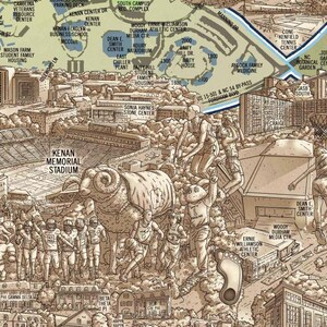 May include: A detailed illustration of the University of North Carolina at Chapel Hill campus, featuring the iconic Kenan Memorial Stadium, the Ram mascot, and various buildings and landmarks. The illustration is drawn in a sepia tone and includes numerous figures of people engaged in various activities.
