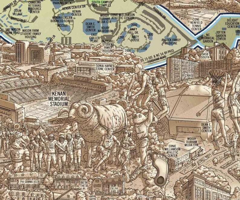 May include: A detailed illustration of the University of North Carolina at Chapel Hill campus, featuring the iconic Kenan Memorial Stadium, the Ram mascot, and various buildings and landmarks. The illustration is drawn in a sepia tone and includes numerous figures of people engaged in various activities.