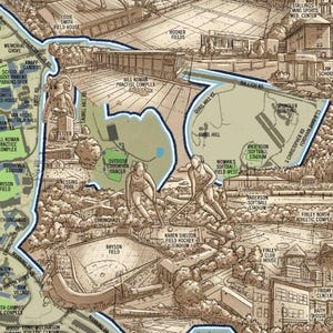 May include: A detailed map of a university campus, showing the location of various buildings and athletic fields. The map is drawn in a vintage style with brown and beige tones. The map includes labels for buildings such as the Law School, the Eddie Smith Field House, and the Bill Koman Practice Complex. The map also includes labels for athletic fields such as the Anderson Softball Stadium, the Bryson Field, and the Karen Shelton Field Hockey Stadium.