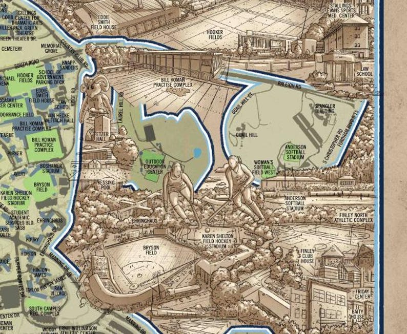 May include: A detailed map of a university campus, showing the location of various buildings and athletic fields. The map is drawn in a vintage style with brown and beige tones. The map includes labels for buildings such as the Law School, the Eddie Smith Field House, and the Bill Koman Practice Complex. The map also includes labels for athletic fields such as the Anderson Softball Stadium, the Bryson Field, and the Karen Shelton Field Hockey Stadium.