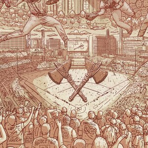 May include: A vintage-style illustration of a baseball stadium with a crowd of fans cheering. Two crossed axes are in the center of the field, with a scoreboard in the background that reads "World Series".