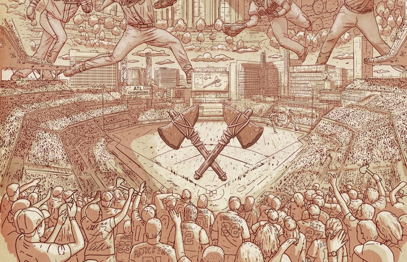 May include: A vintage-style illustration of a baseball stadium with a crowd of fans cheering. Two crossed axes are in the center of the field, with a scoreboard in the background that reads "World Series".