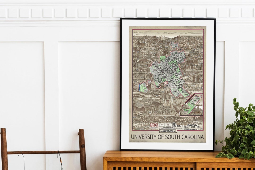 Map University of South Carolina Print South Carolina Wall Art Carolina ...
