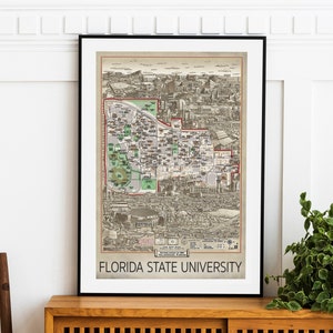 May include: A vintage style map of Florida State University, printed in black and white with green accents. The map is framed in a black frame and is titled "Florida State University" at the bottom.