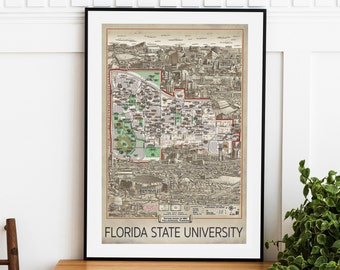 Hand drawn map of Florida State University and it's landmarks.