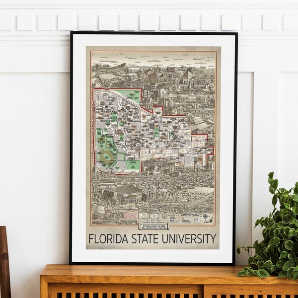 Hand drawn map of Florida State University and it's landmarks.