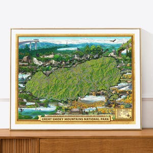 Lámina artística del Parque Nacional de las Grandes Montañas Humeantes, mapa dibujado a mano