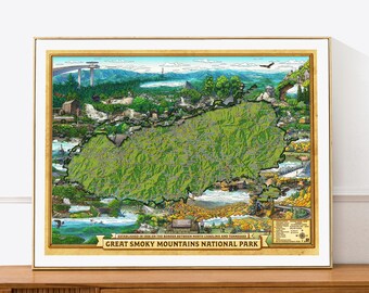 Great Smoky Mountains National Park Art Print, Hand-Drawn Map