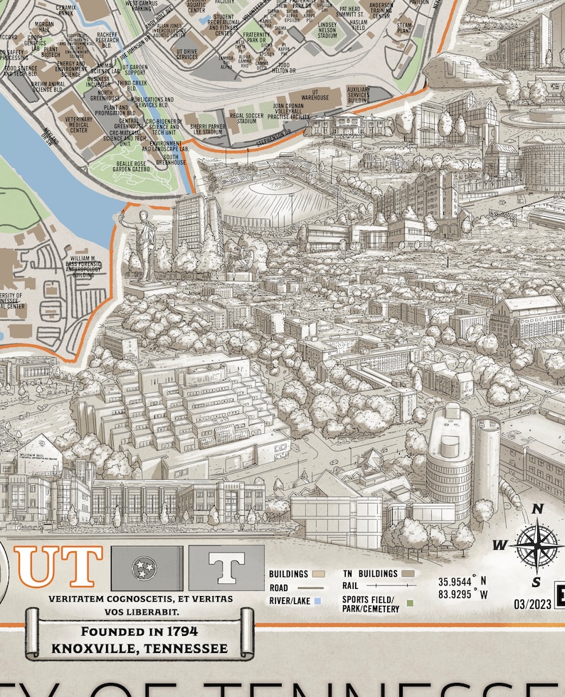 University Of Tennessee Map Art Print Knoxville Campus Landmarks Etsy Il Dkdq 