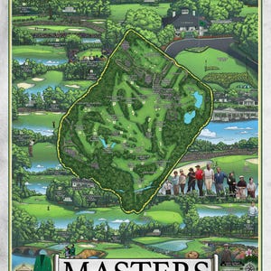 Carte du parcours de golf Masters Augusta dessinée à la main Impression artistique 18 by 24 inches