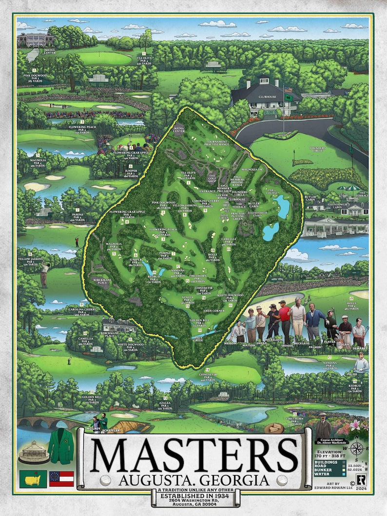 Carte du parcours de golf Masters Augusta dessinée à la main Impression artistique 18 by 24 inches