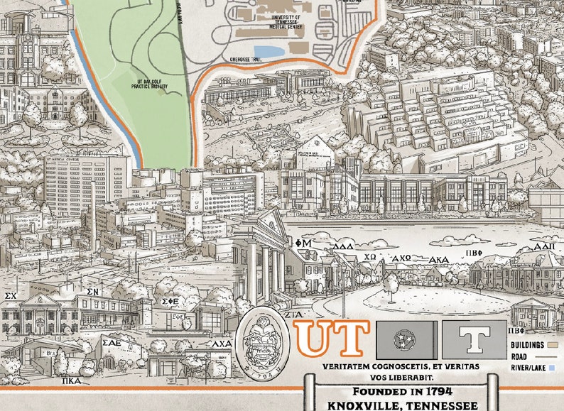 Utk Map.pdf University of Tennessee Map Art Print: Knoxville Campus Landmarks - Etsy