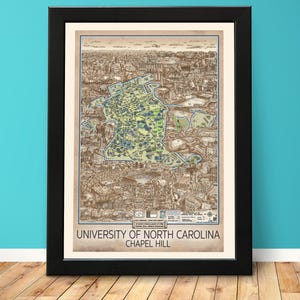 May include: A vintage-style map of the University of North Carolina at Chapel Hill. The map is in shades of brown, blue, and green, and shows the layout of the campus, including buildings, roads, and landmarks. The text "UNIVERSITY OF NORTH CAROLINA CHAPEL HILL" is printed at the bottom of the map.