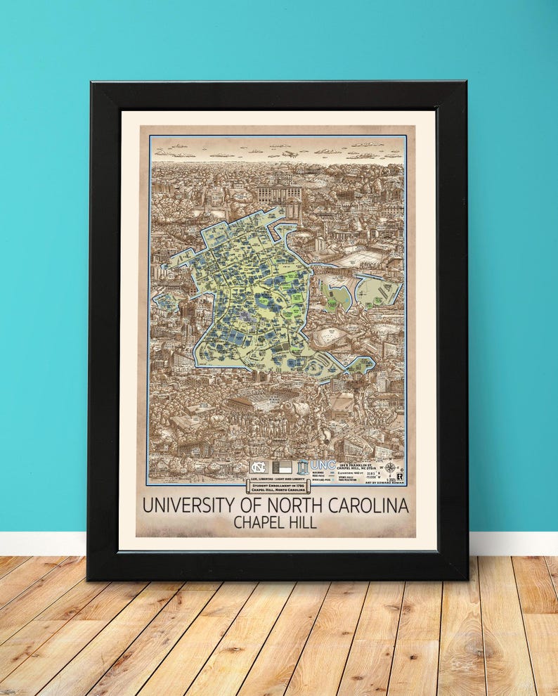 May include: A vintage-style map of the University of North Carolina at Chapel Hill. The map is in shades of brown, blue, and green, and shows the layout of the campus, including buildings, roads, and landmarks. The text "UNIVERSITY OF NORTH CAROLINA CHAPEL HILL" is printed at the bottom of the map.
