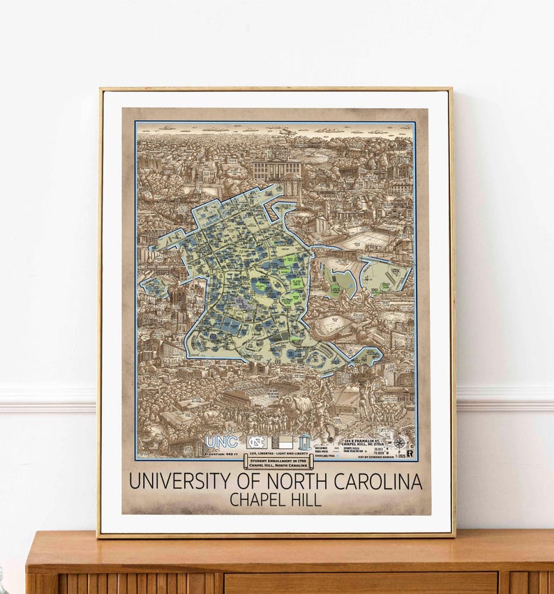 May include: A vintage-style map of the University of North Carolina at Chapel Hill. The map is in shades of brown and blue, with green accents for parks and buildings. The map includes the text "University of North Carolina Chapel Hill" and "Student Enhancement in the Chapel Hill, North Carolina Area".