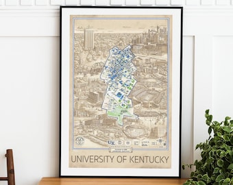 May include: A vintage-style map of the University of Kentucky campus in Lexington, Kentucky. The map is printed on a beige background with blue and green accents. The text "University of Kentucky" is printed at the bottom of the map.