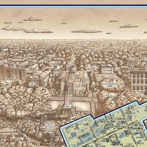 May include: A detailed illustrated map of a university campus, showing the layout of buildings and landmarks. The map is drawn in a vintage style with brown and beige tones. The map includes text labels for each building, such as "Wilson Library", "Kenan Labs", and "Polk Place".
