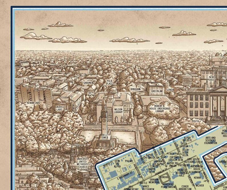 May include: A detailed illustrated map of a university campus, showing the layout of buildings and landmarks. The map is drawn in a vintage style with brown and beige tones. The map includes text labels for each building, such as "Wilson Library", "Kenan Labs", and "Polk Place".