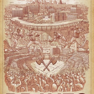 May include: A vintage-style illustration of the Atlanta Braves baseball team celebrating their 2021 World Series Championship. The image features a red and white baseball stadium with a cityscape in the background. The team's logo, a tomahawk, is prominently displayed in the center of the field. The text "Atlanta Braves 2021 World Series Champions" is written in red at the bottom of the image.