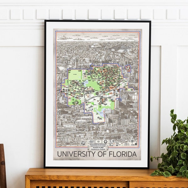 Hand drawn map of the University of Florida Map Wall Decor Florida Map Decor Florida Campus Map Gift Graduation University of Florida Gift