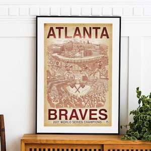 May include: A vintage-style illustration of the Atlanta Braves baseball team, celebrating their 2021 World Series Championship. The image features a red and white color scheme with the team's logo and the words "Atlanta Braves 2021 World Series Champions".