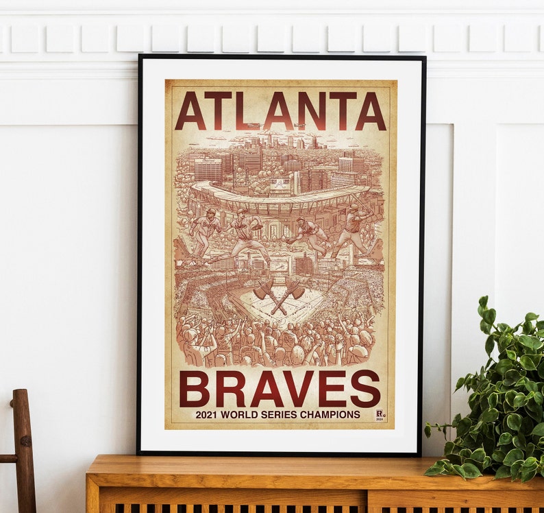 May include: A vintage-style illustration of the Atlanta Braves baseball team, celebrating their 2021 World Series Championship. The image features a red and white color scheme with the team's logo and the words "Atlanta Braves 2021 World Series Champions".