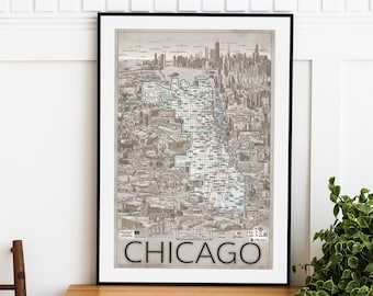 Chicago Map hand drawn Chicago Print Chicago Wall Art Chicago City Decor Housewarming Gift Chicago hand drawn Map Wall Decor Airbnb Wall Art