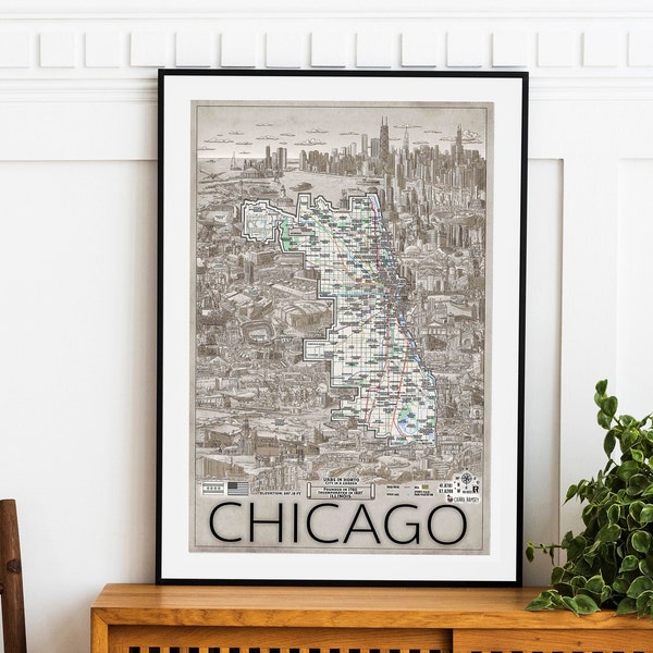 Impresión de mapa de Chicago dibujado a mano: arte mural detallado de la ciudad