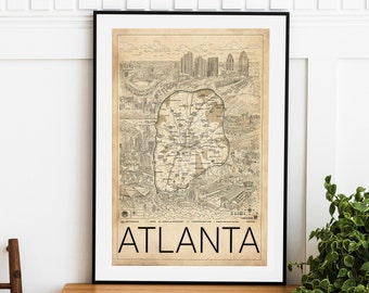 May include: A vintage-style map print of Atlanta, Georgia, with a beige background and black text. The map shows the city's streets and landmarks, with a prominent focus on the downtown area. The title "Atlanta" is printed in large, bold letters at the bottom of the map.