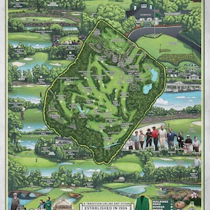 Carte du parcours de golf Masters Augusta dessinée à la main Impression artistique image 2