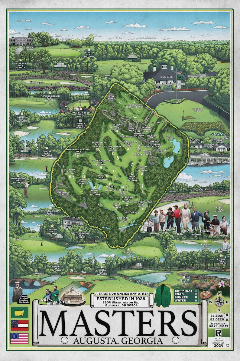 Carte du parcours de golf Masters Augusta dessinée à la main Impression artistique image 2