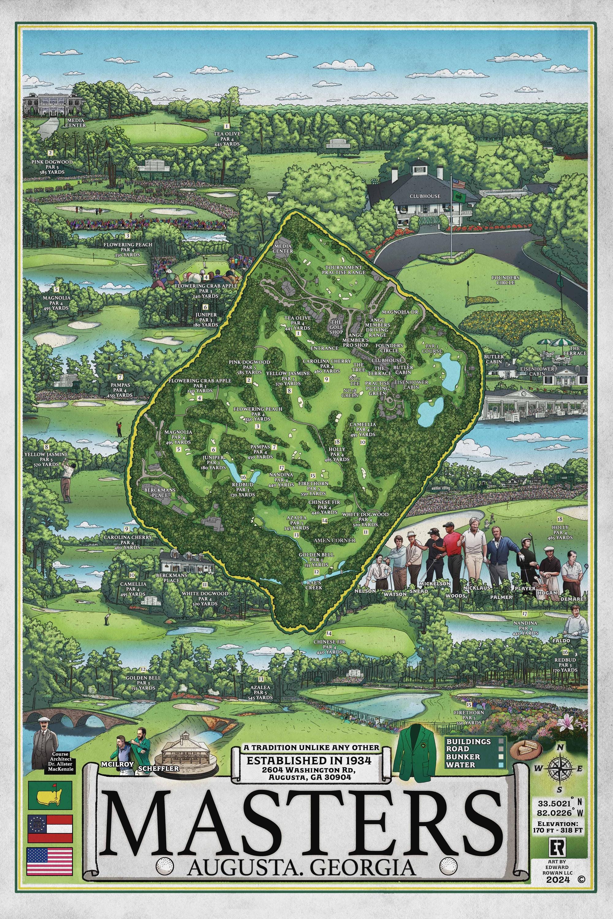 Hand-drawn Masters Augusta Golf Course Map Art Print - Etsy