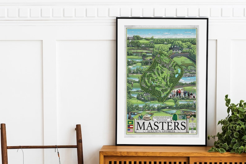 Carte du parcours de golf Masters Augusta dessinée à la main Impression artistique 12 by 18 inches