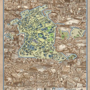 May include: A detailed illustrated map of the University of North Carolina at Chapel Hill campus. The map shows the location of buildings, sports fields, and other landmarks. The map is surrounded by a border with the university's name and logo.