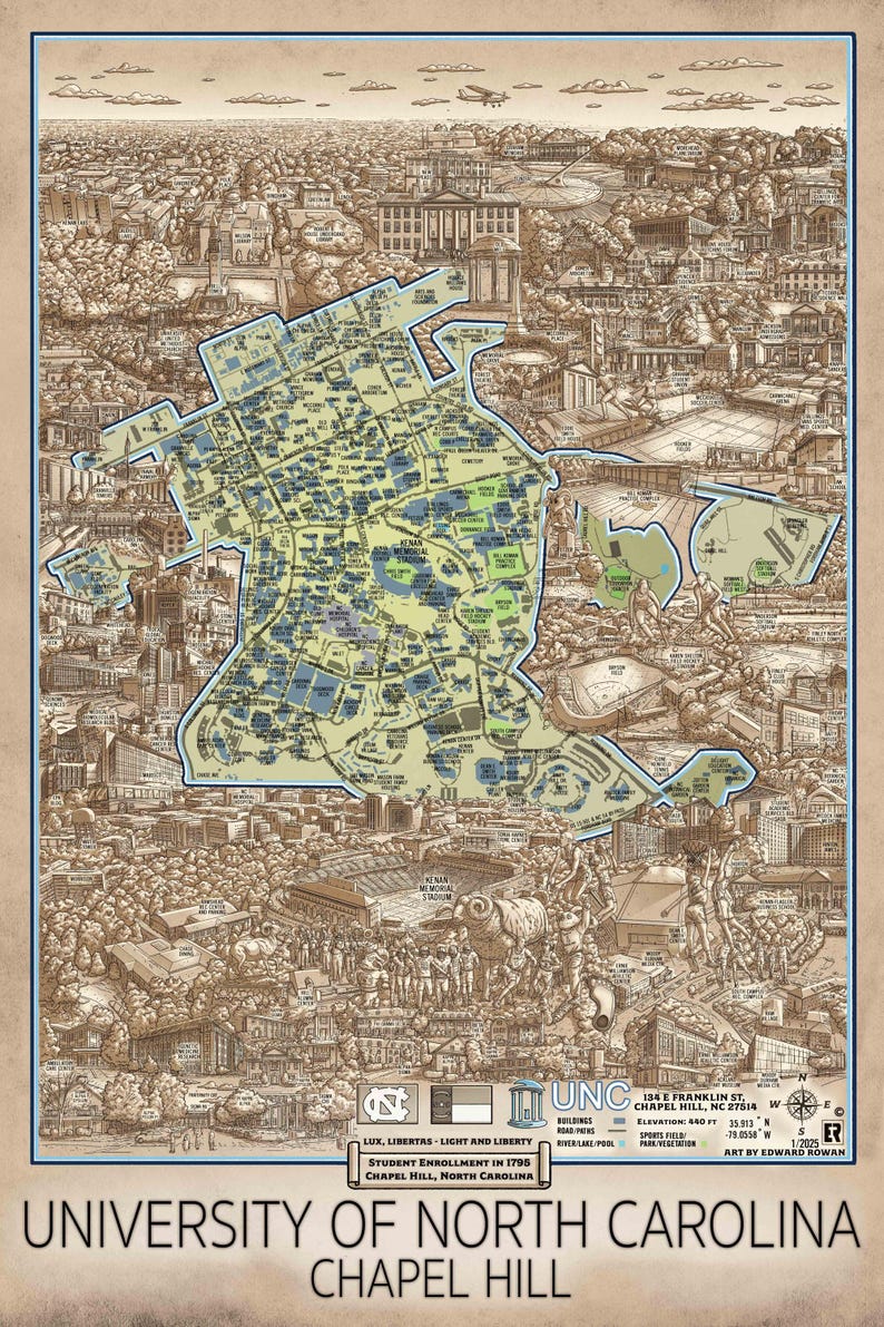 May include: A detailed illustrated map of the University of North Carolina at Chapel Hill campus. The map shows the location of buildings, sports fields, and other landmarks. The map is surrounded by a border with the university's name and logo.