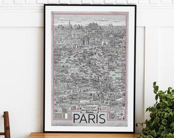 Paris France Map Print: Detailed Hand-Drawn City Landmarks