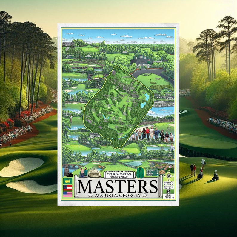 Peut inclure: Une carte illustr&eacute;e color&eacute;e du parcours de golf d'Augusta National, qui accueille le tournoi des Masters. La carte montre la disposition du parcours, y compris les fairways verts embl&eacute;matiques et les arbres environnants. Le texte "Masters Augusta, G&eacute;orgie" est affich&eacute; en bas de la carte.