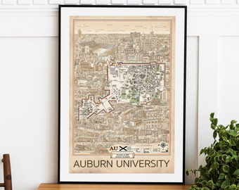 Impression de carte de l'université d'Auburn : oeuvre d'art murale dessinée à la main
