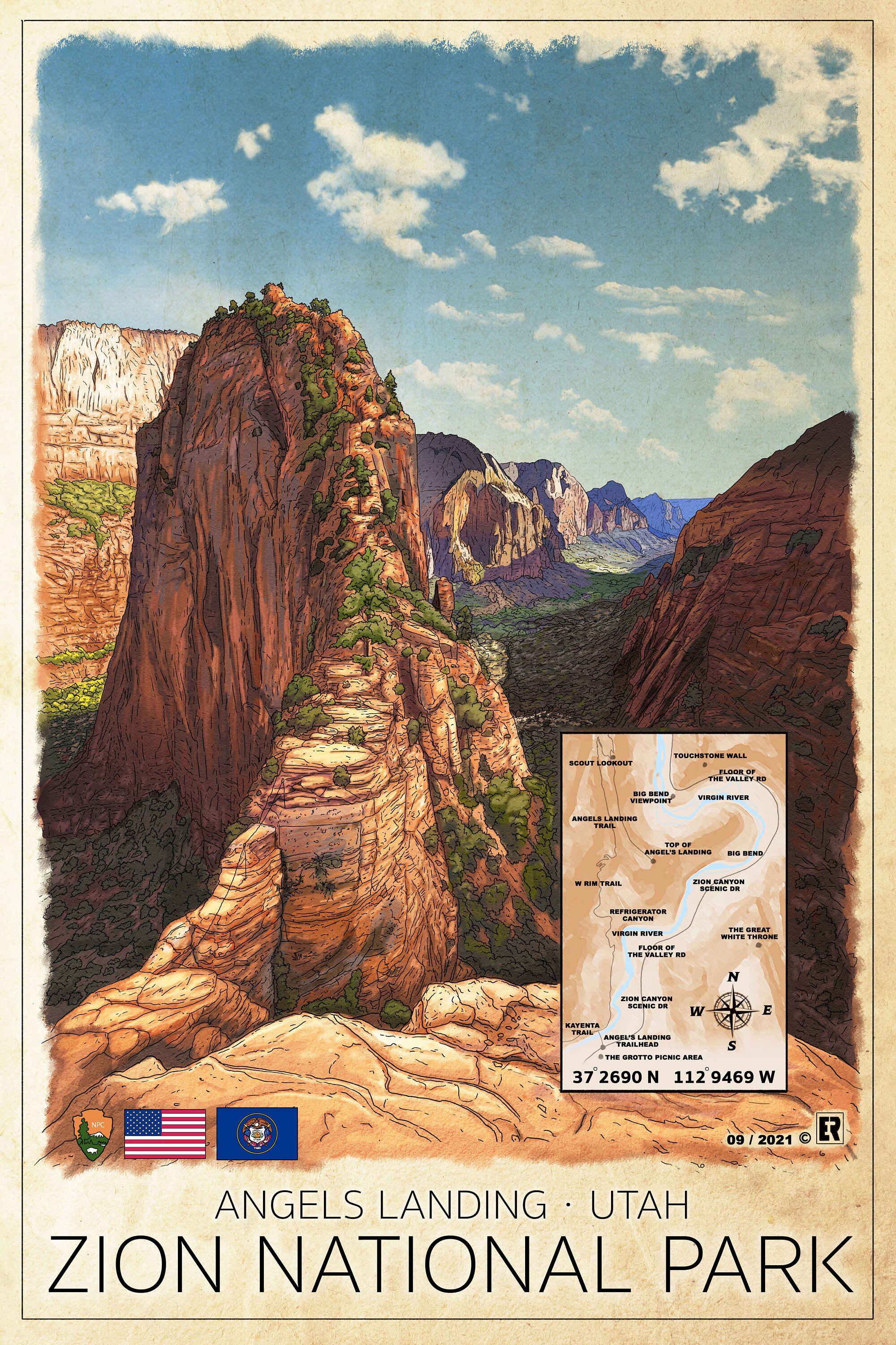 Map of Angels Landing in Zion National Park Utah Etsy