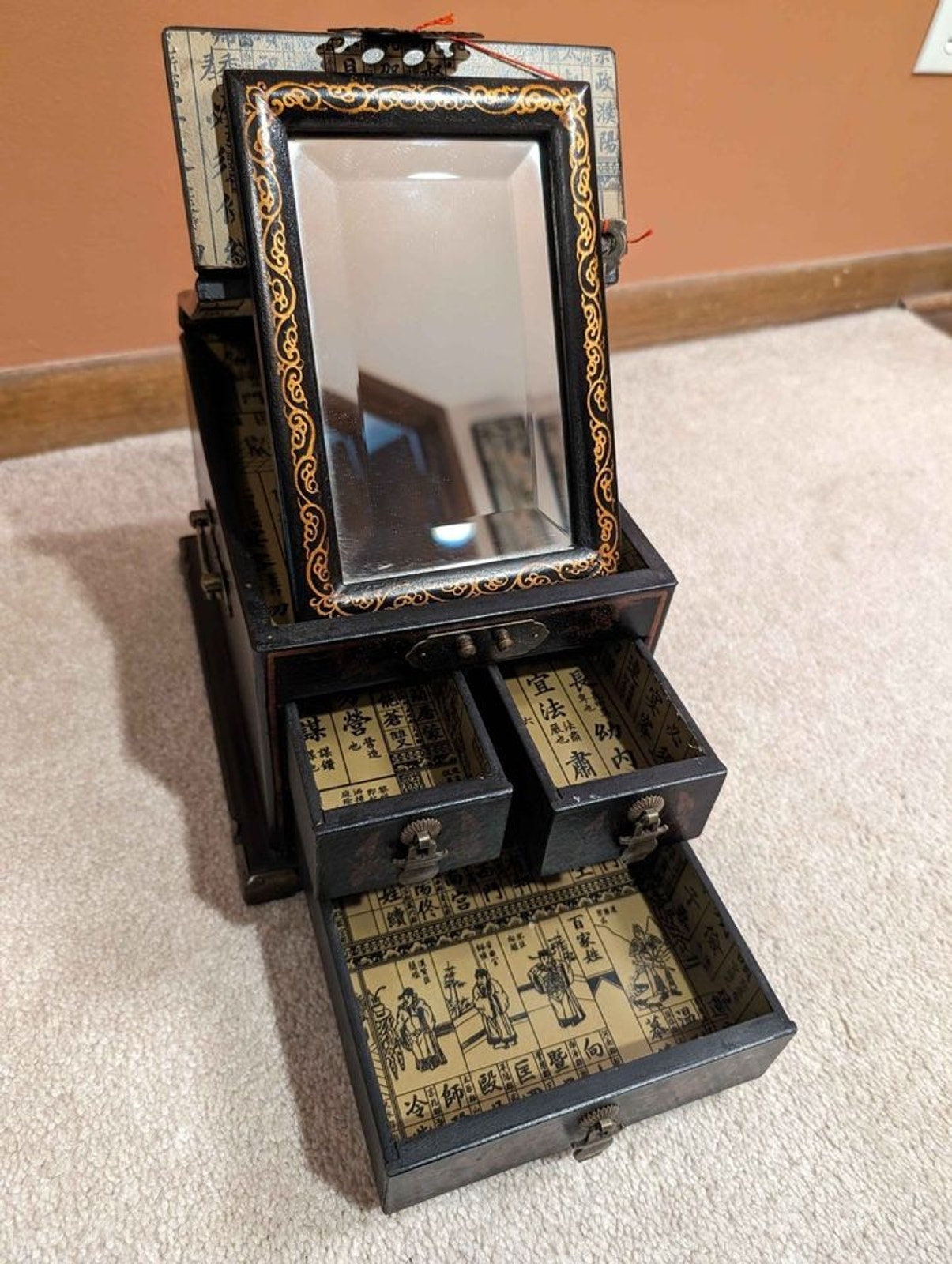 置物 Asian. And. Jewelly Antique Chinese Lacquer Jewelry Box W/ Drawers & Mirror, 1920 - Etsy