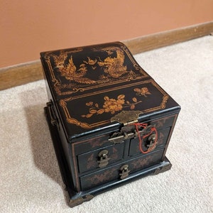 Antique Chinese Lacquer Jewelry Box w/ Drawers & Mirror, 1920