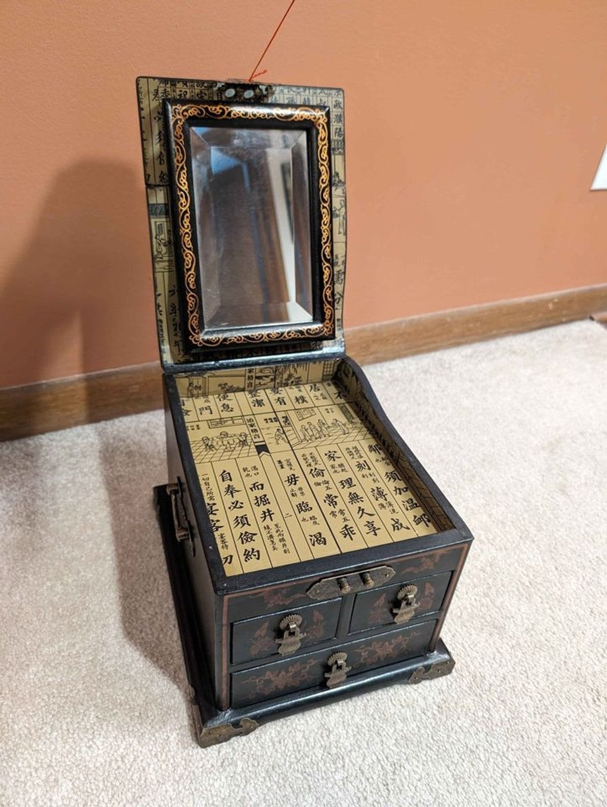 Antique Chinese Lacquer Jewelry Box W/ Drawers & Mirror