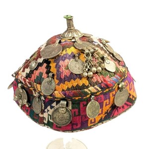 Vintage Afghani Turkmen Kuchi Dowry Cap Hat Handmade & Embroidered W/ Coins RARE VINTAGE UZBEK AFGHANI TURKMEN HAND EMBROIDERED TRIBAL  main image 3