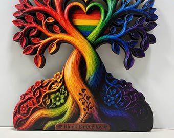 2D Flat Personalized Wooden LGBT Tree of Love Plaque Decor, Rainbow Pride Wooden Sign, Gay Couple Anniversary Gift, LGBTQ Love Keepsake